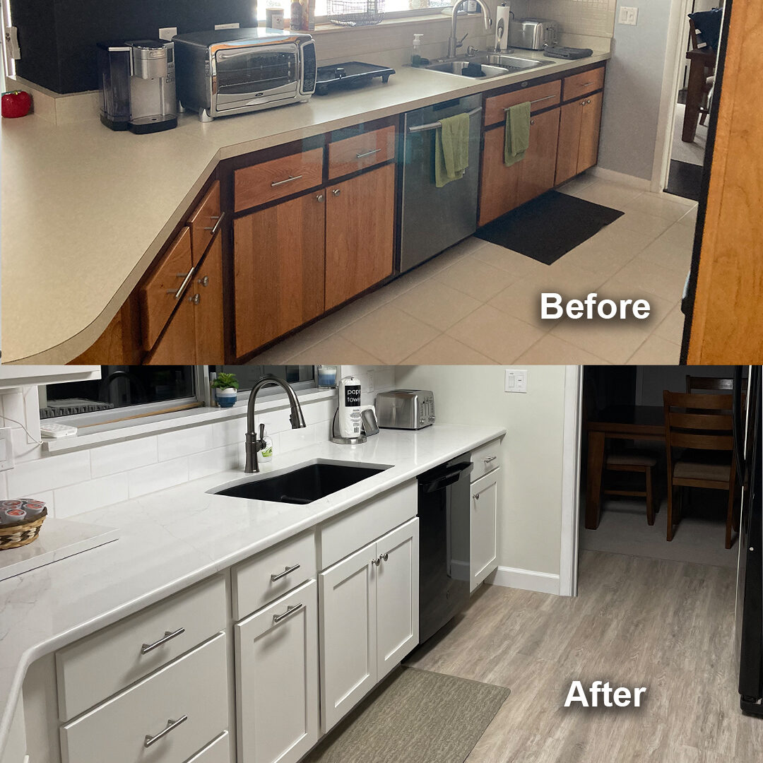 A side-by-side kitchen makeover comparison, with the "before" image showing wood-tone cabinets and dated countertops, and the "after" image showcasing a modern design with white cabinets and quartz countertops. The renovation includes a black sink, updated appliances, and a fresh floor finish.